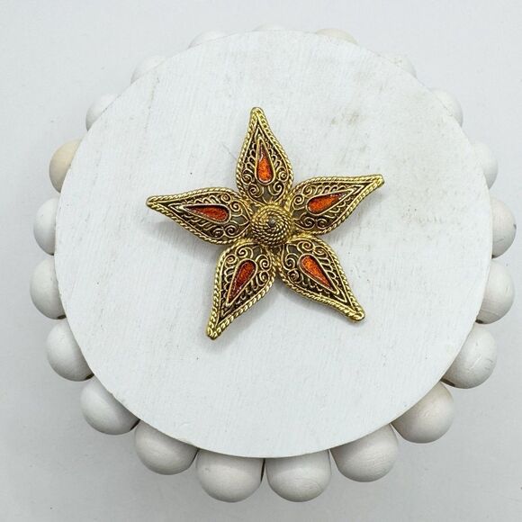 Vintage Filigree Etruscan Style Star Flower Brooch Orange Enamel Fall Autumn - Picture 4 of 7